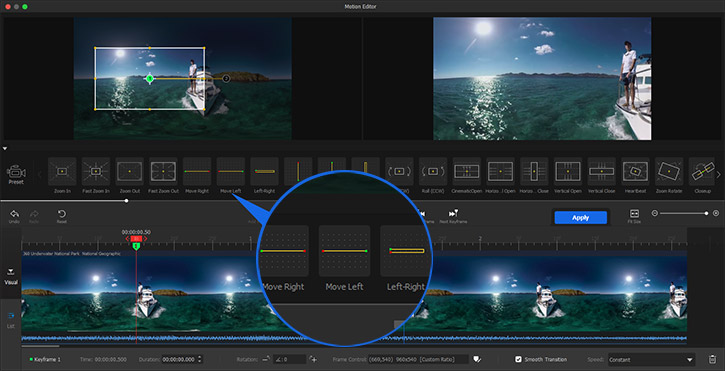 Motion preset Move Left/Right for panning on panorama videos