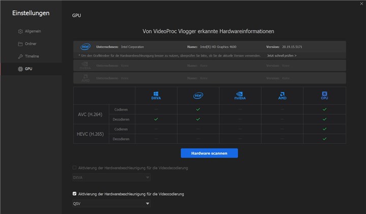 Hardware Detection in VideoProc Vlogger