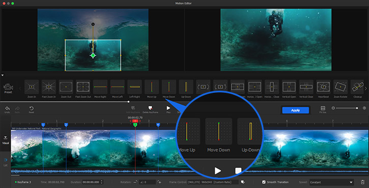 Motion preset Move Up/Down for tilting on panorama videos