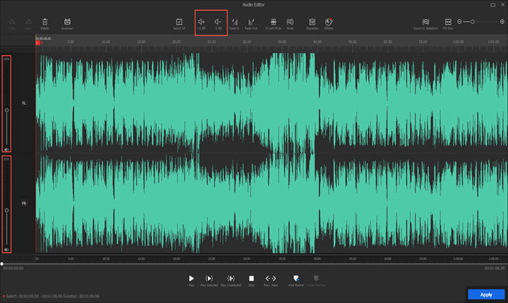 Adjust the volume in Audio Editor panel