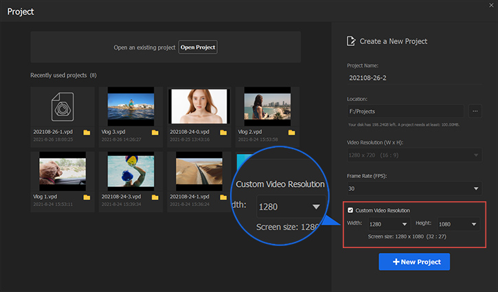 create new project in VideoProc Vlogger