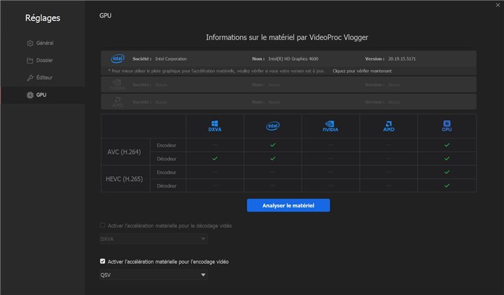 Détection du matériel dans VideoProc Vlogger