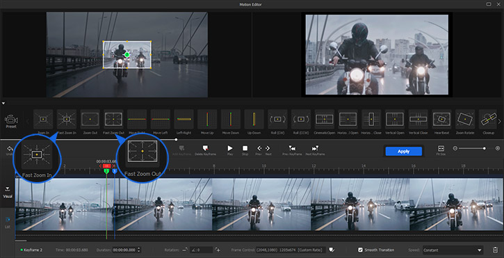 Motion preset Fast Zoom In/Out for crash zoom