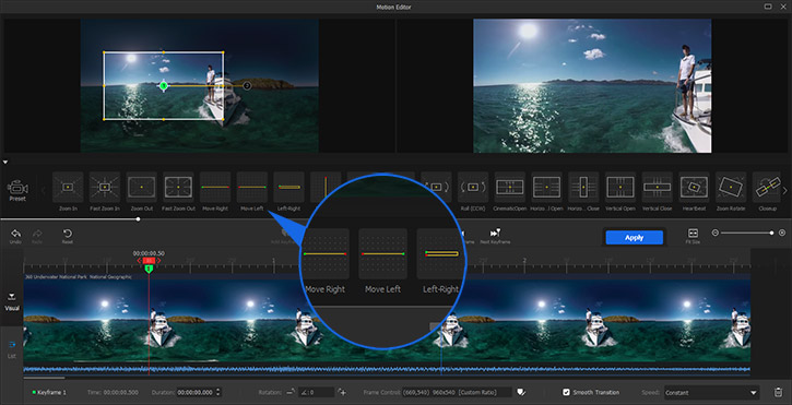 Motion preset Move Left/Right for panning on panorama videos