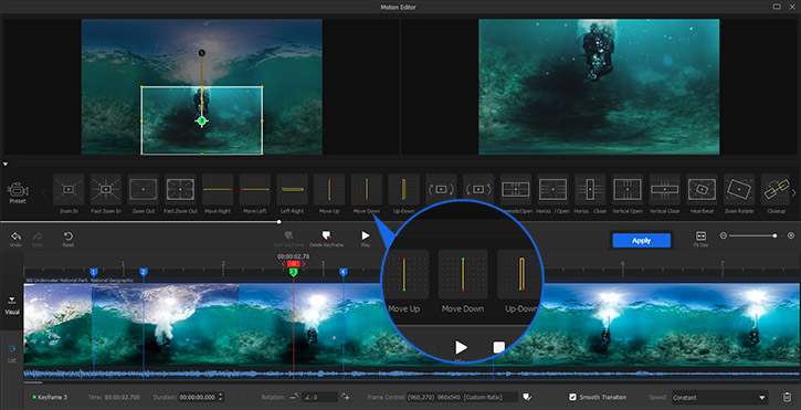 Motion preset Move Up/Down for tilting on panorama videos