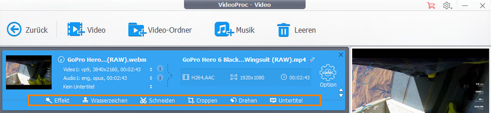 Bearbeitungsfunktionen von VideoProc