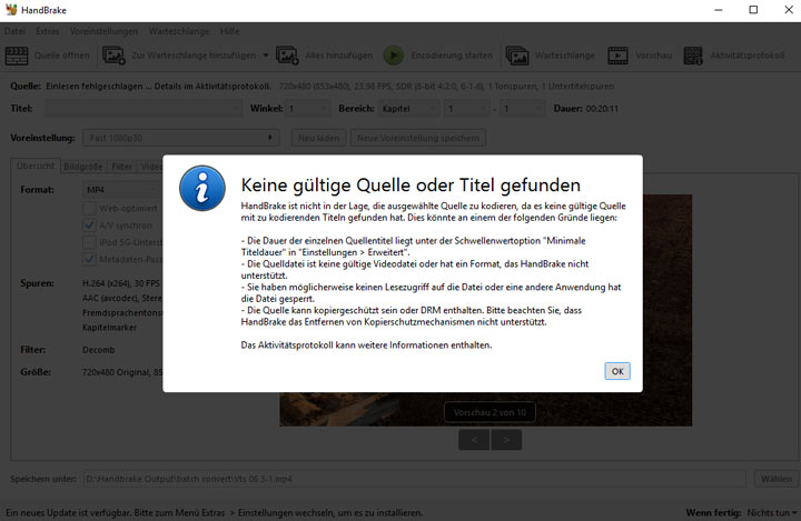 HandBrake Meldung: Keine gültige Quelle gefunden