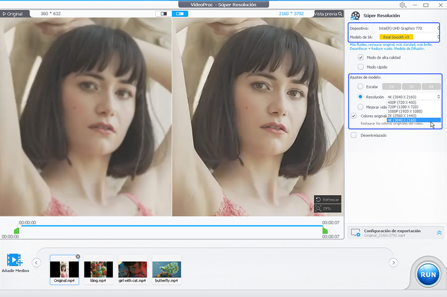 Elegir modelo de IA y reescalar video a 4K