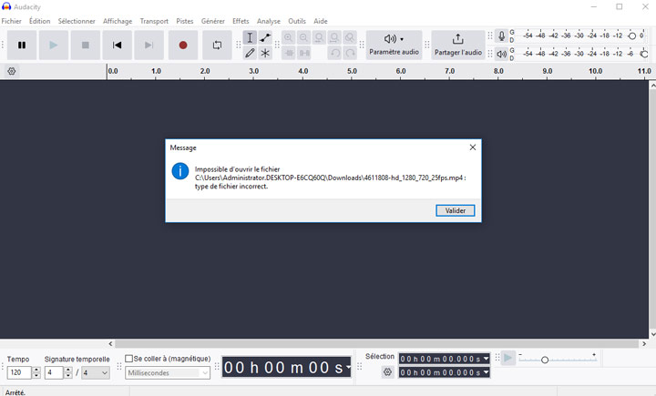 Erreur de conversion de MP4 en WAV sur Audacity