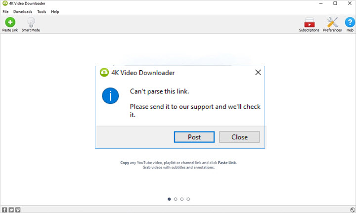 4k video downloader can t parse link