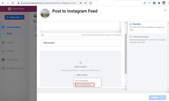 add content to Instagram from Facebook Page