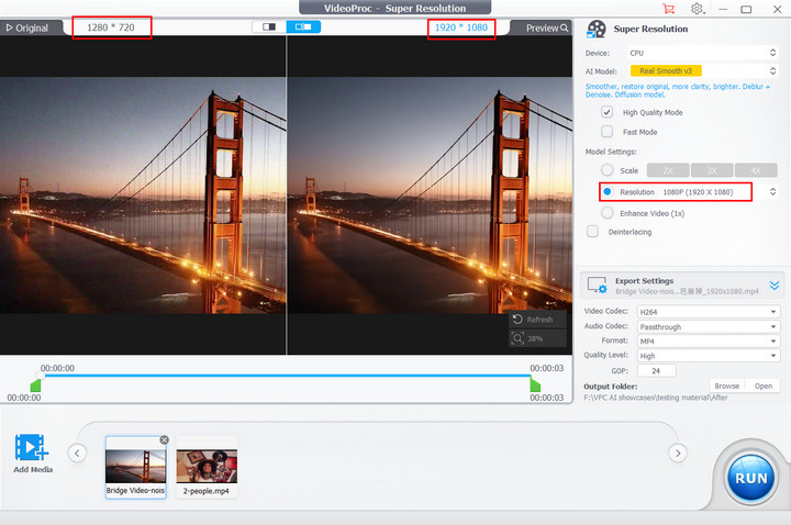 Upscale a 720p video to 1080p in VideoProc Converter AI
