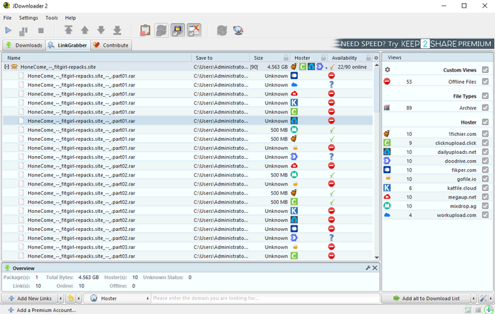 Analyze files from different hosters in JDownloader 2