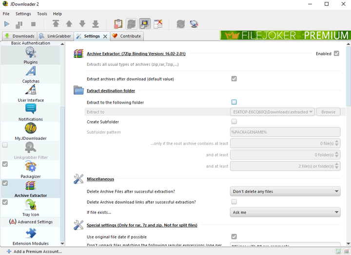 Archive extractor settings in JDownloader 2