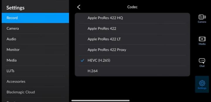 blackmagic camera record settings