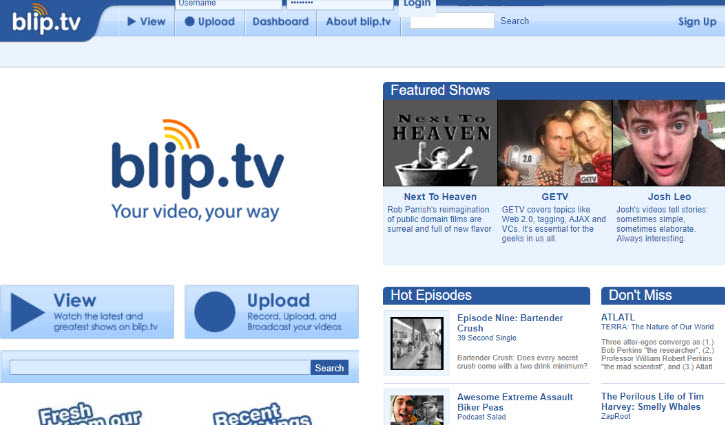 Homepage of Blip.tv in 2007