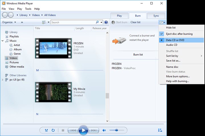Brucia DVD in Windows Media Player
