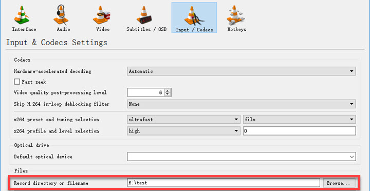 Change the recording directory in VLC