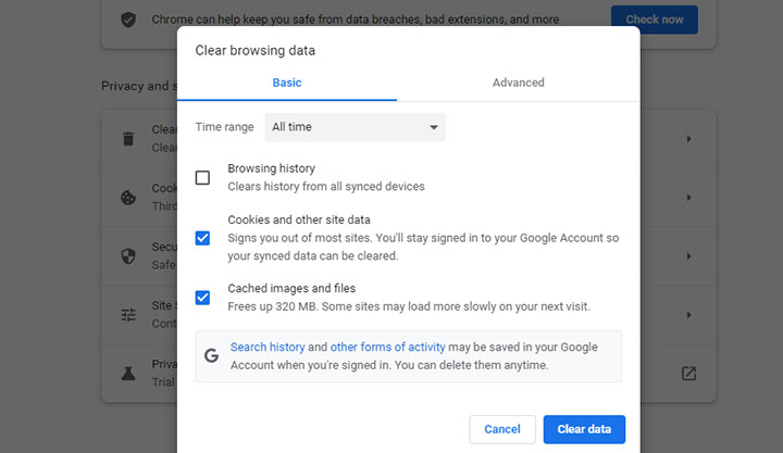 clearn cookies and caches