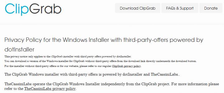 ClipGrab's legal page about third-party offers