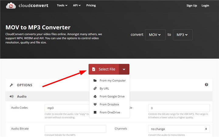 Convert MOV to MP3 with CloudConvert