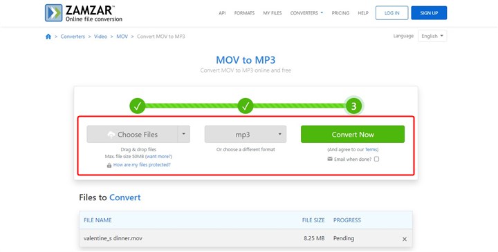 Convert MOV to MP3 with ZAMZAR