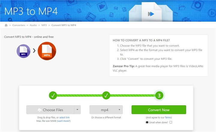  Convert MP3 to MP4 with Zamzar