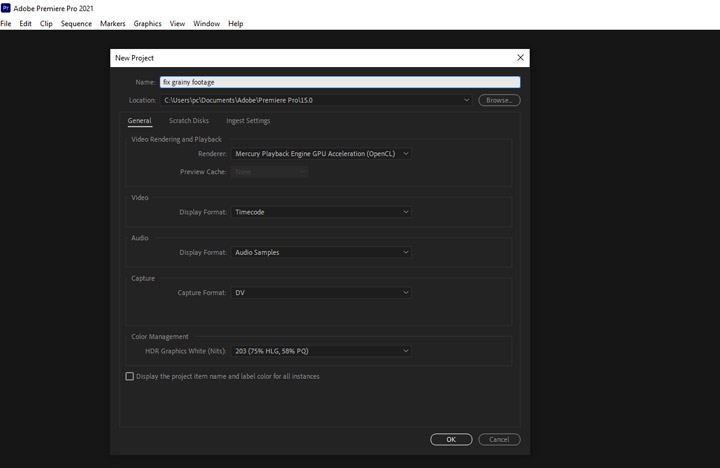 Create fix grainy footage project in Premiere Pro