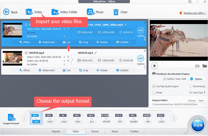 import video and choose the output format in VideoProc