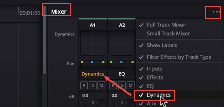 DaVinci Resolve Fairlight Dynamics Panel On