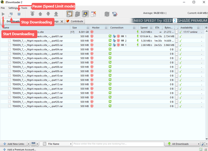 Start downloading files in JDownloader 2