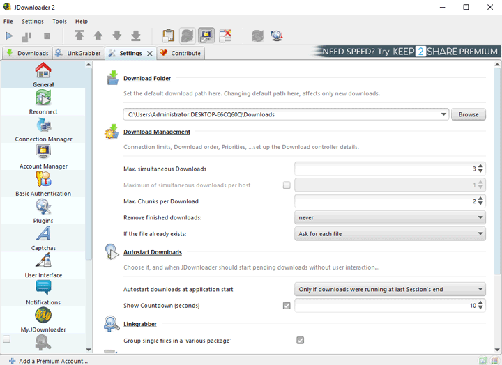 Download settings in JDownloader 2