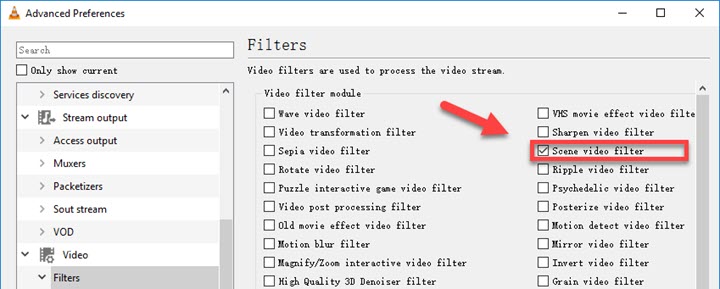 Enable the scene video filter in VLC