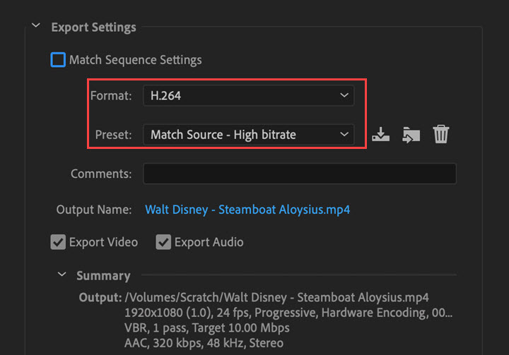 export setting of Adobe Premiere Pro