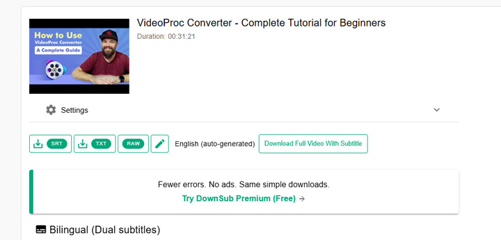 Extract Subtitles from Video via DownSub