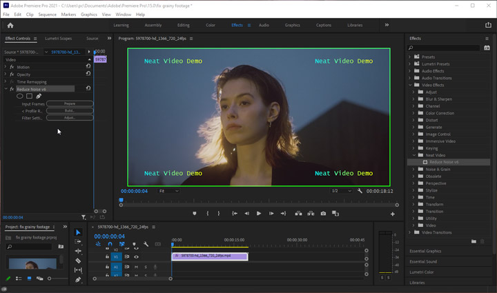 Noise filter settings in Neat Video in Premiere Pro