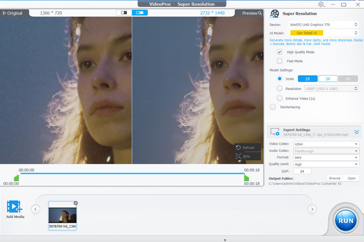 VideoProc Converter AI result for fixing grainy footage