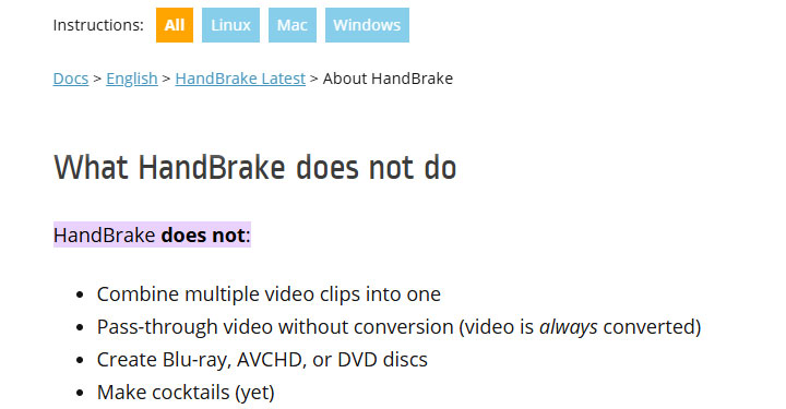 HandBrake official documentation about video combining