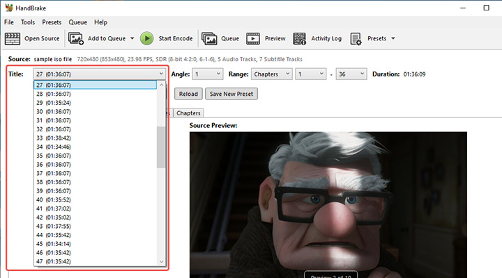 HandBrake Title Dropdown Menu