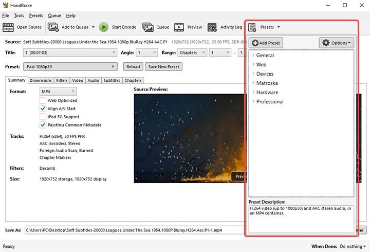 HandBrake Presets Dropdown