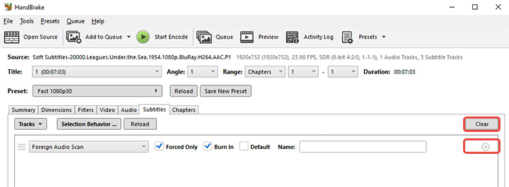 Remove subtitles in HandBrake