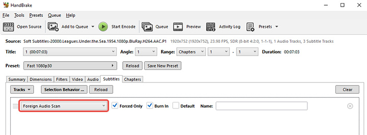HandBrake subtitles foreign audio scan