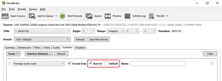 HandBrake Subtitle Settings buin in and default