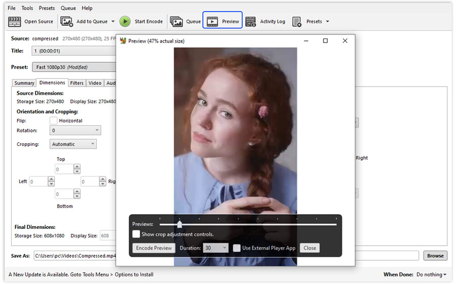 HandBrake Upscale Resolution Preview