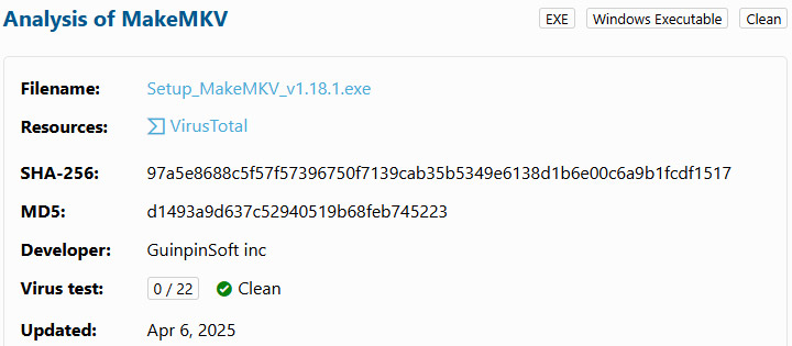 LO4D virus tests for MakeMKV
