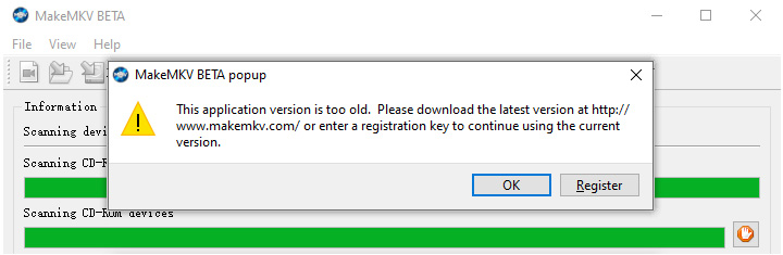 MakeMKV popup saying version is too old