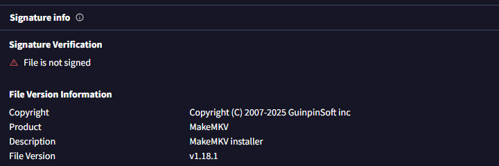 MakeMKV signature info from VirusTotal