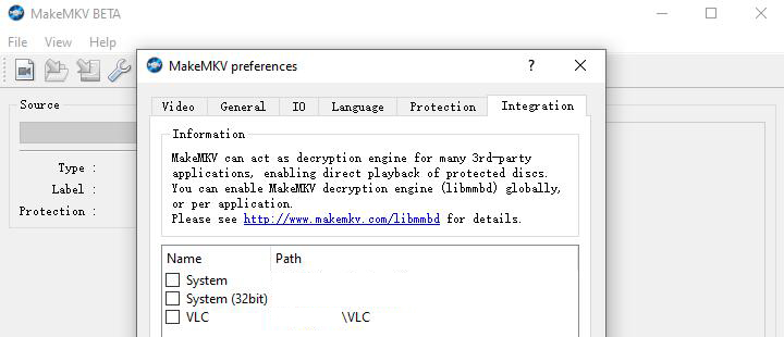 Integration settings in the MakeMKV interface