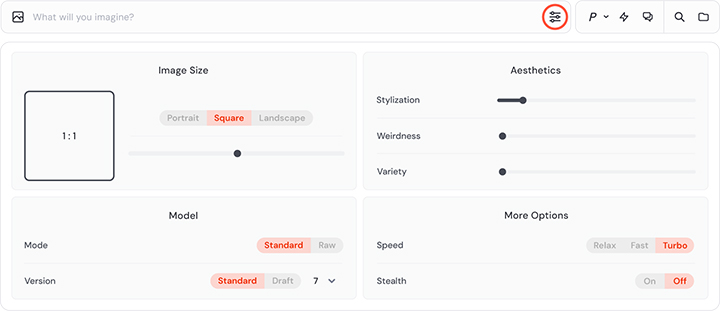 midjourney settings panel