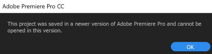 Premiere Pro project version incompatibility warning